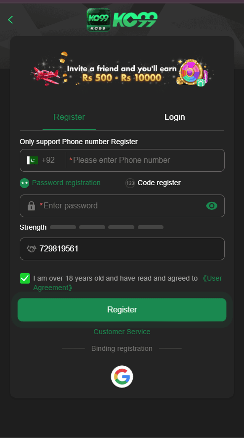 KC99 Game sign up page showing the account registration interface