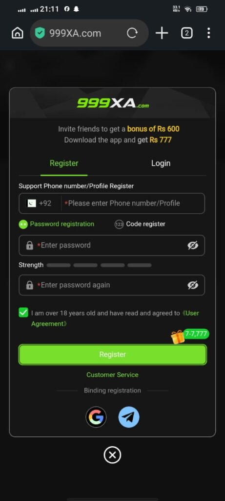 999XA Game signup page