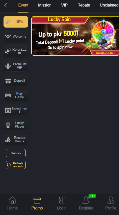 Goldsbet Game Reward Center with available rewards