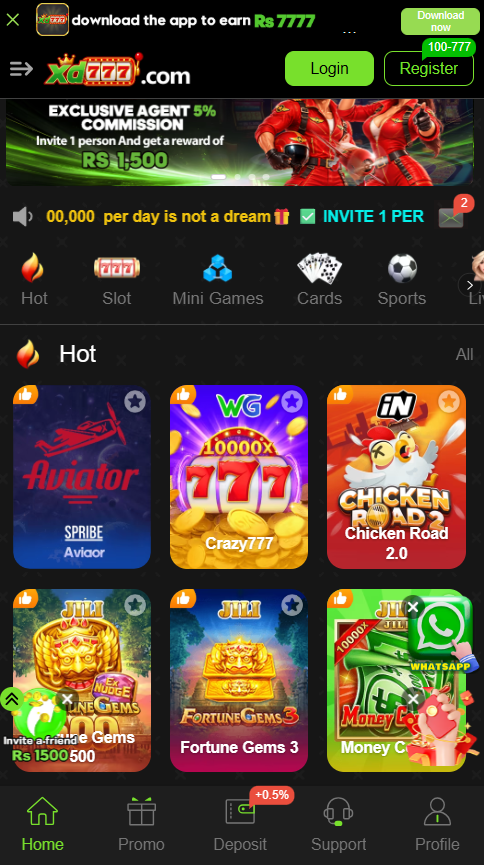 XD777 website homepage showing game categories, game thumbnails, navigation menu, and account buttons