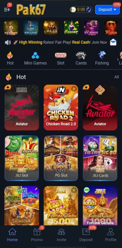 Pak67 Game app screen showing slots, cards, fishing, and hot games