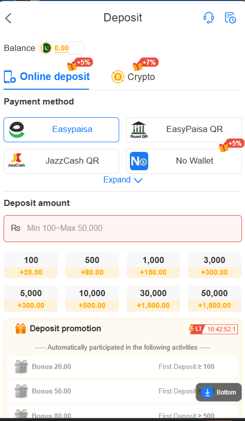 Game APK deposit section showing available payment methods and transaction details