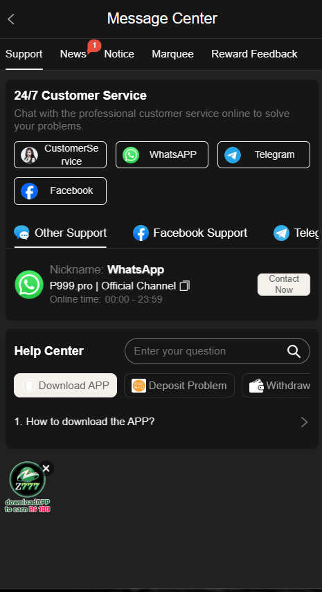P999 customer service section showing customer support and help options
