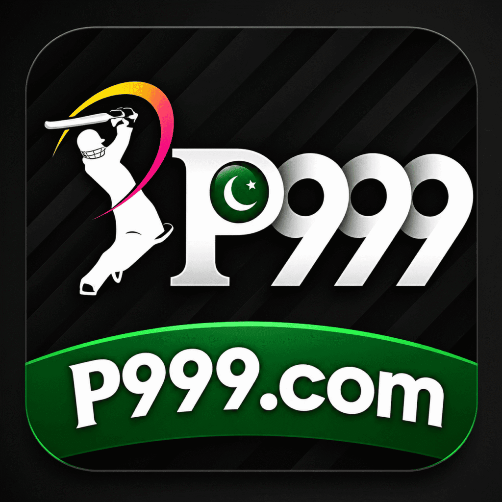 P999 game logo featuring bold white lettering, a cricket batsman graphic, and green P999.com branding on a black background