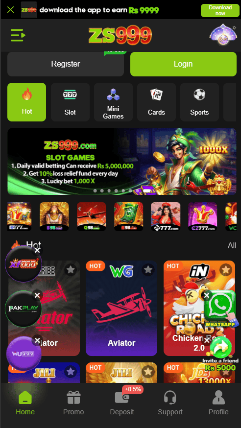 ZS999 Game APK Homepage and Main Screen