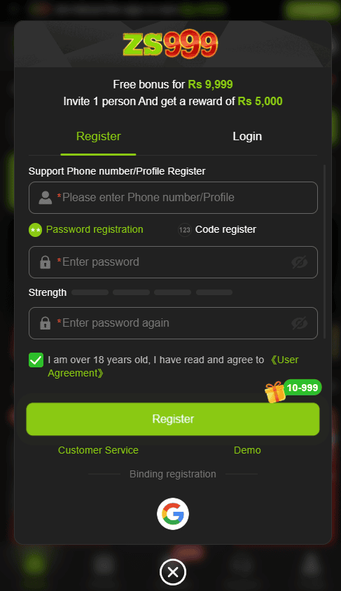 ZS999 Game Registration Page and Sign-Up Form